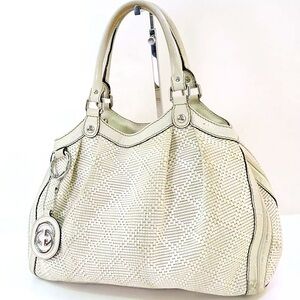 Authentic Gucci Off White Sukey Straw Canvas Hobo Hand Tote Bag Purse.